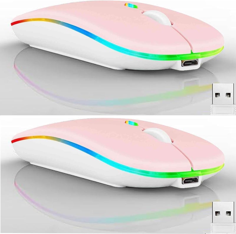 Guiheng 2 Pack Wireless Bluetooth Mouse,LED Dual Mode Rechargeable Silent Slim Laptop Mouse,Portable(BT5.2+USB Receiver) Dual Mode Computer Mice,for Laptop,Desktop Computer,Tablet,Phone,Mac (Pink) - Image 1